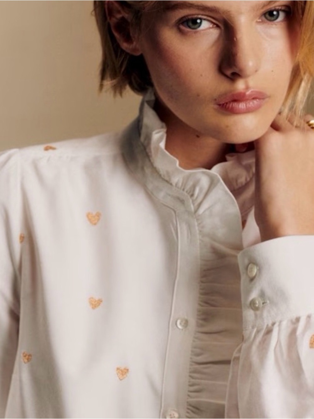 Women's Sezane Chlo White Ruffle Gold Heart-Embroidered Blouse